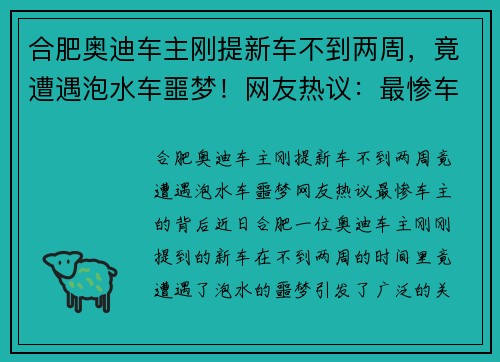 合肥奥迪车主刚提新车不到两周，竟遭遇泡水车噩梦！网友热议：最惨车主