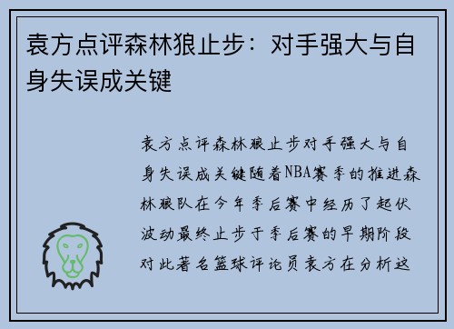袁方点评森林狼止步：对手强大与自身失误成关键