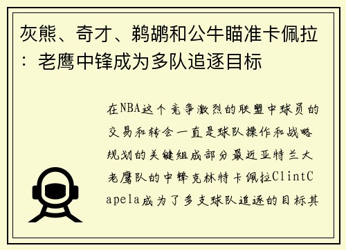 灰熊、奇才、鹈鹕和公牛瞄准卡佩拉：老鹰中锋成为多队追逐目标