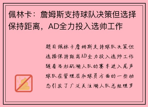佩林卡：詹姆斯支持球队决策但选择保持距离，AD全力投入选帅工作