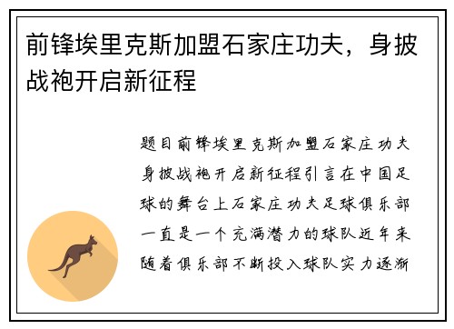 前锋埃里克斯加盟石家庄功夫，身披战袍开启新征程