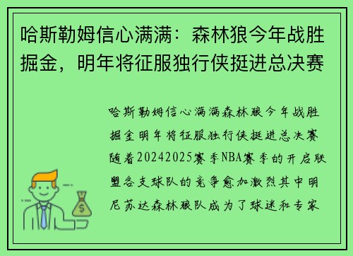 哈斯勒姆信心满满：森林狼今年战胜掘金，明年将征服独行侠挺进总决赛